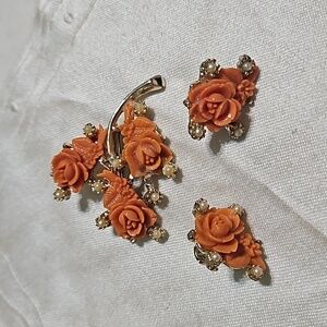 Vintage 1930's Coral Celluloid Carved Rose & Faux Peal Silver-tone Set